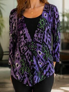 NOTATIONS Purple Geometric Blouse M | Beaded Accent Layered Top